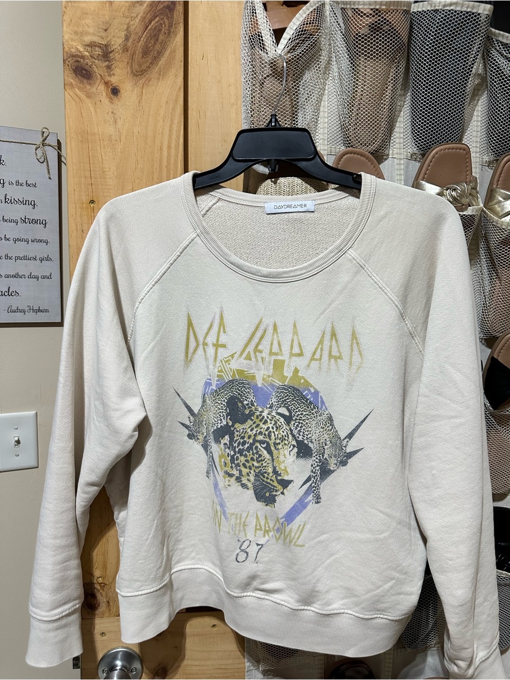 Daydreamer Cream Def Leppard Graphic Crewneck Sweatshirt with Leopard Motif